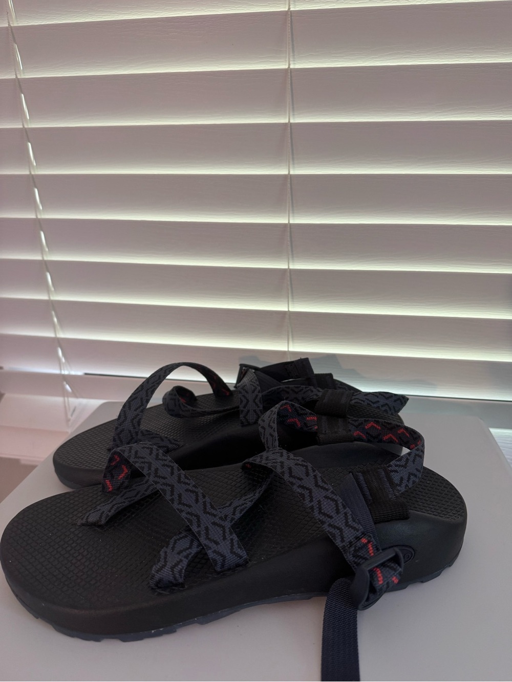 Chaco Men's Black Strappy Sandals with Gray Patterned Webbing - Picture 2 of 3